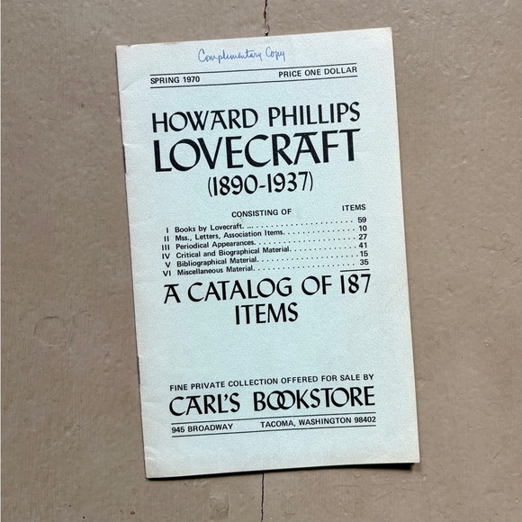 Other - 1970 Howard Phillips Lovecraft Book Catalogue Necronimicon Innsmouth Cthulhu